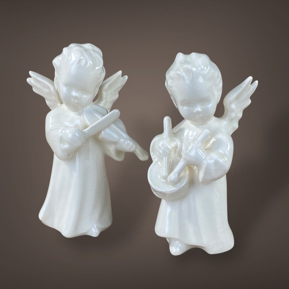 Goebel Musical Angel Cherub Figurines White Porcelain‎ Germany Vintage Set of 2